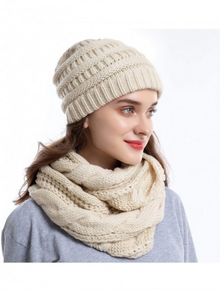 Skullies & Beanies Knit Infinity Scarf Beanie Hat Set Women Winter Circle Loop Scarfs Scarves - Beige - C218UCKZ95U $17.59