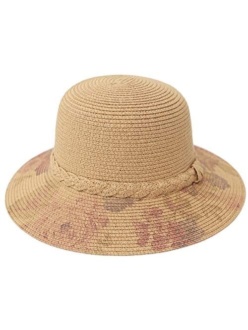 Sun Hats Floral Printed Straw Sun Hat- Bucket Hat- Beach Hat for Women?- Floral Brown- One Size - C5194OS9X24 $20.76