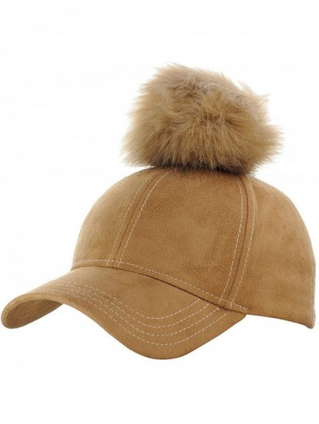 Baseball Caps Celebrity Style Precurved Suede Feel Baseball Cap w/Attachable Pom Pom - Camel - CR12O2VH1NT $13.33