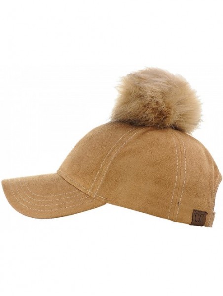 Baseball Caps Celebrity Style Precurved Suede Feel Baseball Cap w/Attachable Pom Pom - Camel - CR12O2VH1NT $13.33