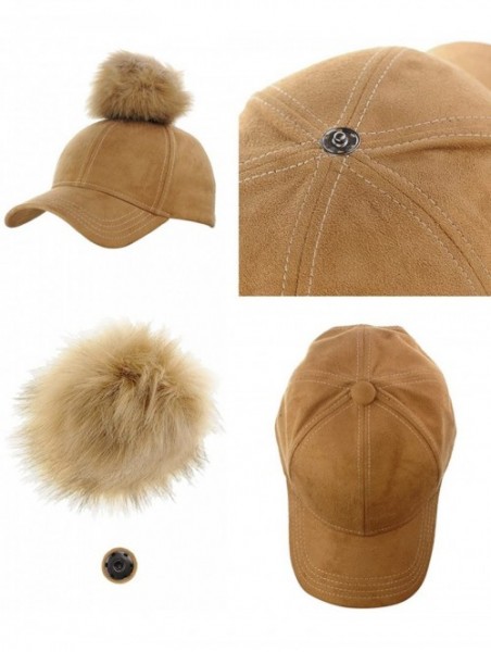 Baseball Caps Celebrity Style Precurved Suede Feel Baseball Cap w/Attachable Pom Pom - Camel - CR12O2VH1NT $13.33