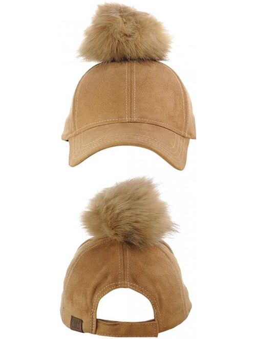 Baseball Caps Celebrity Style Precurved Suede Feel Baseball Cap w/Attachable Pom Pom - Camel - CR12O2VH1NT $13.33