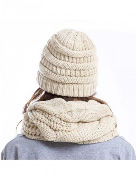 Skullies & Beanies Knit Infinity Scarf Beanie Hat Set Women Winter Circle Loop Scarfs Scarves - Beige - C218UCKZ95U $17.59