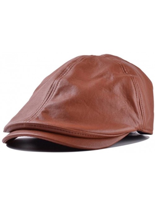 Newsboy Caps Vintage PU Leather Beret Cap- Men Women Peaked Hat Newsboy Sunscreen Flat Hat Fashion - Brown - CP180XINYXU $9.75