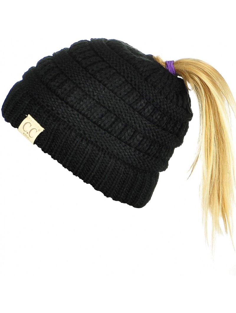 Skullies & Beanies BeanieTail Kids' Children's Soft Cable Knit Messy High Bun Ponytail Beanie Hat - Black - CR12NVG6FDB $12.27