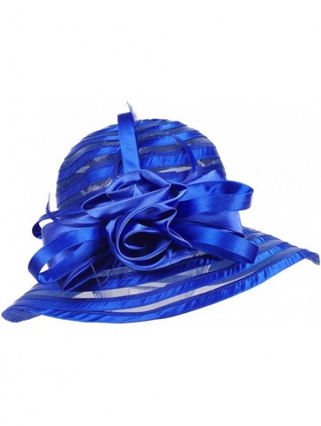 Bucket Hats Women's Big Floral Fascinator Kentucky Derby Church Floppy Wide Brim Cloche Bucket Hat - Blue - CH11S1HI607 $31.58