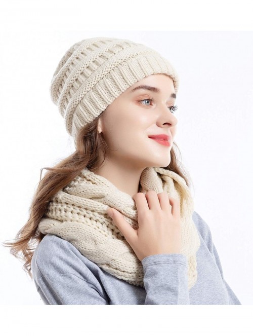 Skullies & Beanies Knit Infinity Scarf Beanie Hat Set Women Winter Circle Loop Scarfs Scarves - Beige - C218UCKZ95U $17.59