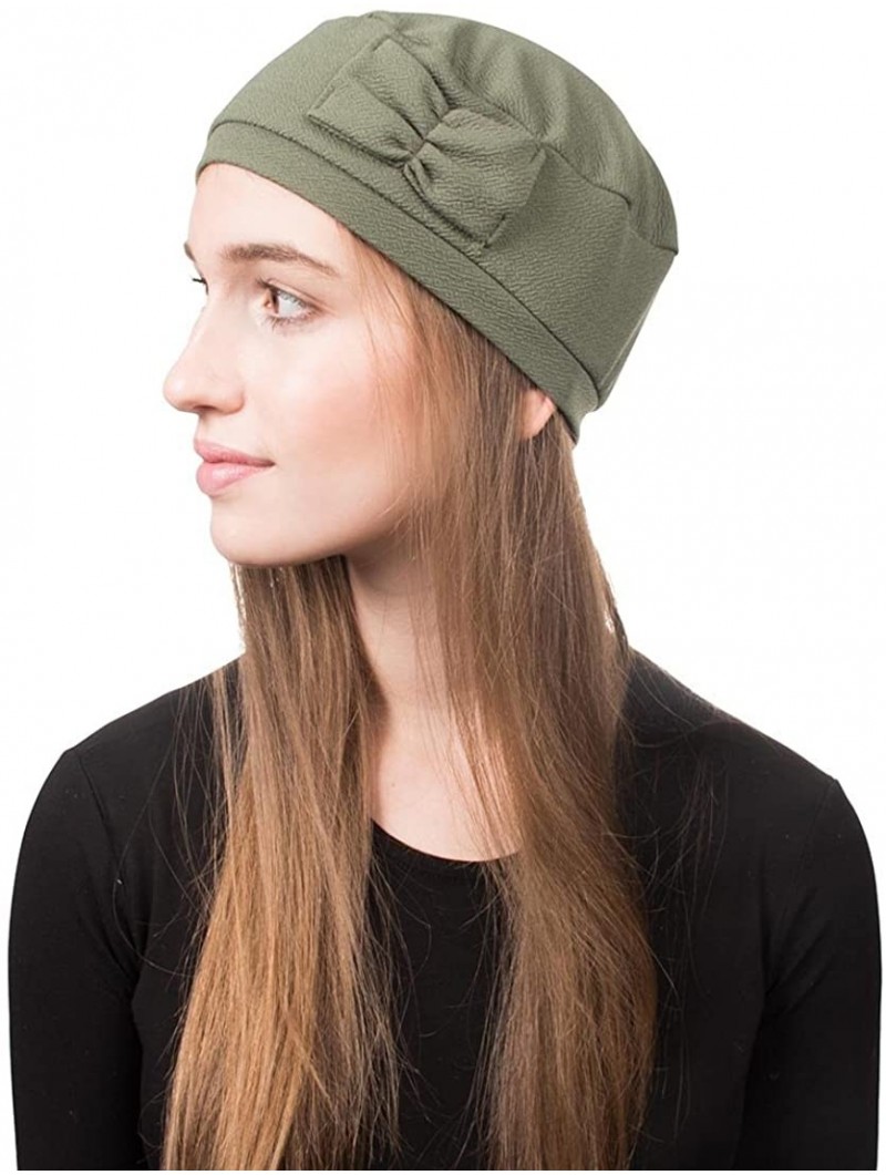 Berets Pretty Beanie Hat with Bow Beret Tam - Sage - CN17Y0WEGSA $25.94