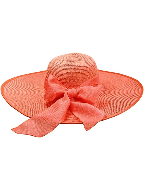 Sun Hats Women's Foldable Bowknot Straw Hat Large Wide Brim Summer Beach Sun Hat - Orange - CB12GRTSVPP $38.81