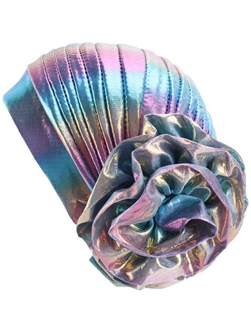 Skullies & Beanies Glitter Laser Flower Turban Colourful Beanie Cap Stretchy Hair Wrap for Women - Blue - CU18U5KLWCC $11.21