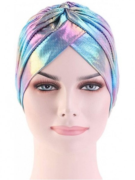 Skullies & Beanies Glitter Laser Flower Turban Colourful Beanie Cap Stretchy Hair Wrap for Women - Blue - CU18U5KLWCC $11.21