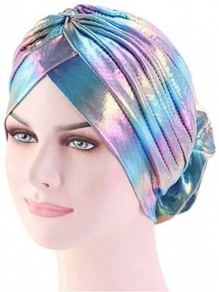 Skullies & Beanies Glitter Laser Flower Turban Colourful Beanie Cap Stretchy Hair Wrap for Women - Blue - CU18U5KLWCC $11.21