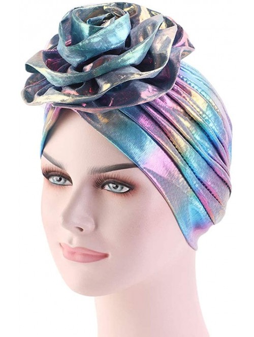 Skullies & Beanies Glitter Laser Flower Turban Colourful Beanie Cap Stretchy Hair Wrap for Women - Blue - CU18U5KLWCC $11.21