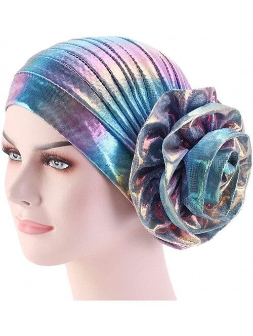 Skullies & Beanies Glitter Laser Flower Turban Colourful Beanie Cap Stretchy Hair Wrap for Women - Blue - CU18U5KLWCC $11.21