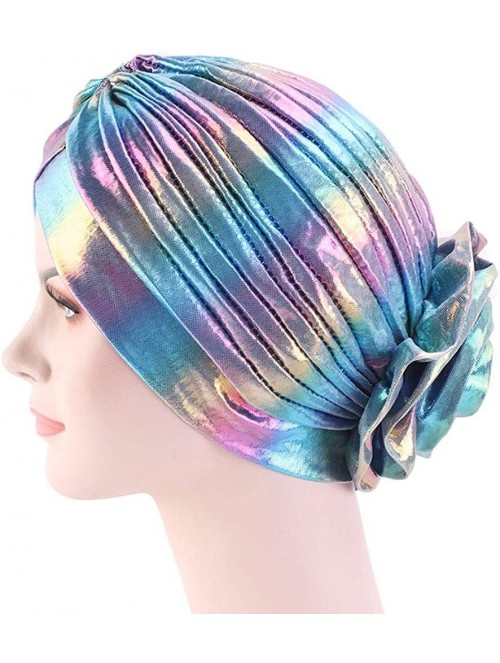 Skullies & Beanies Glitter Laser Flower Turban Colourful Beanie Cap Stretchy Hair Wrap for Women - Blue - CU18U5KLWCC $11.21