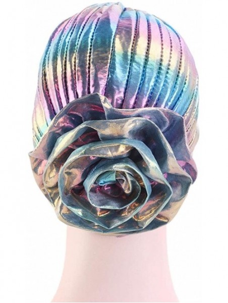 Skullies & Beanies Glitter Laser Flower Turban Colourful Beanie Cap Stretchy Hair Wrap for Women - Blue - CU18U5KLWCC $11.21