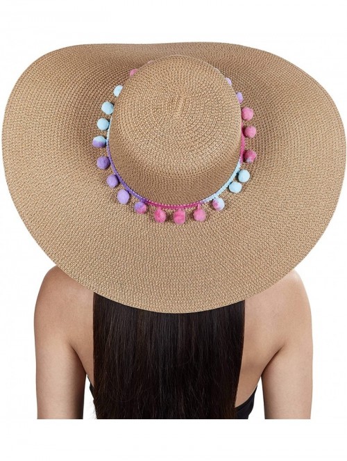 Sun Hats Womens Beach Straw Sun Hat with Pom Pom Floppy Brim - Foldable for Summer Outdoors - Cotton Candy - CB18W3T429X $20.94