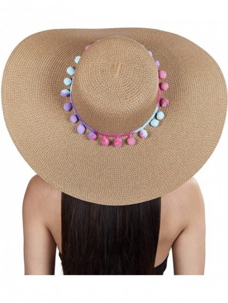 Sun Hats Womens Beach Straw Sun Hat with Pom Pom Floppy Brim - Foldable for Summer Outdoors - Cotton Candy - CB18W3T429X $20.94