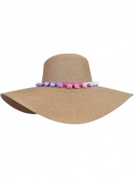 Sun Hats Womens Beach Straw Sun Hat with Pom Pom Floppy Brim - Foldable for Summer Outdoors - Cotton Candy - CB18W3T429X $20.94