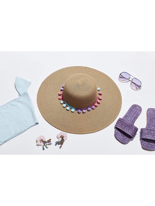 Sun Hats Womens Beach Straw Sun Hat with Pom Pom Floppy Brim - Foldable for Summer Outdoors - Cotton Candy - CB18W3T429X $20.94