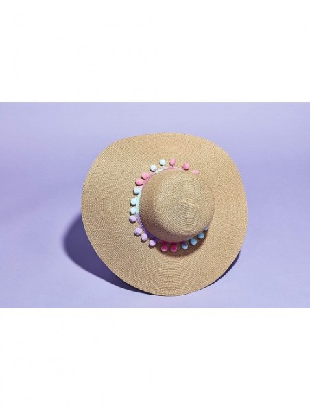 Sun Hats Womens Beach Straw Sun Hat with Pom Pom Floppy Brim - Foldable for Summer Outdoors - Cotton Candy - CB18W3T429X $20.94