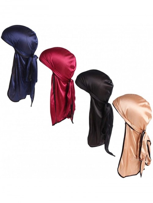 Skullies & Beanies Satin Silk Head Wrap Durag Long Tail Beanies for Men Headwraps Cap - 4pcs Black&wine Red&navy&gold - CN18O...