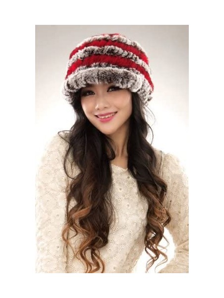 Skullies & Beanies Women's Real Rex Rabbit Fur Peaked Caps Hats Spiral Winter Warmer Ears Hat - Coffee & Red - CJ11FGXY19J $2...