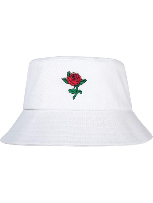 Bucket Hats Unisex Fashion Embroidered Bucket Hat Summer Fisherman Cap for Men Women - Rose White - CF18KL8AL6C $22.18