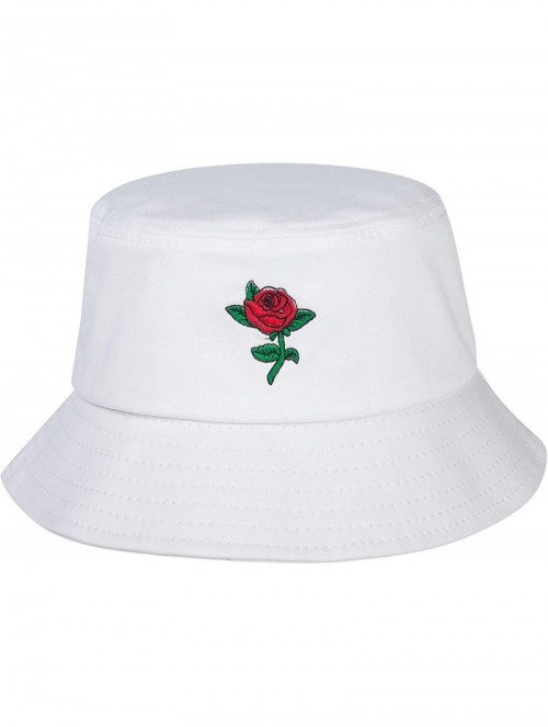 Bucket Hats Unisex Fashion Embroidered Bucket Hat Summer Fisherman Cap for Men Women - Rose White - CF18KL8AL6C $22.18