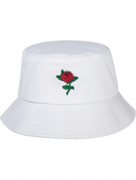 Bucket Hats Unisex Fashion Embroidered Bucket Hat Summer Fisherman Cap for Men Women - Rose White - CF18KL8AL6C $22.18