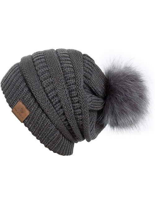 Skullies & Beanies Womens Fleece Lined Slouchy Beanie Chunky Baggy Hat Fur Pompom Winter Soft Warm Cap - Dark Grey - CL18LATU...