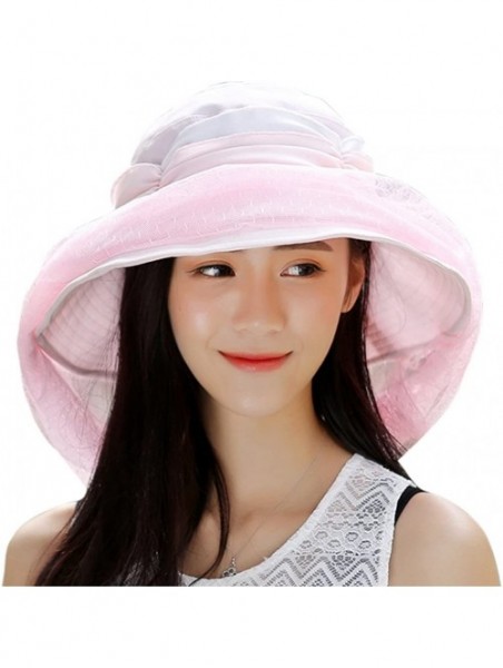 Sun Hats Womens Summer Veil Wide Brim Hats Chiffon Foldable Bucket Hat UPF 50+ - Pink - C012I2P9Y4J $18.60