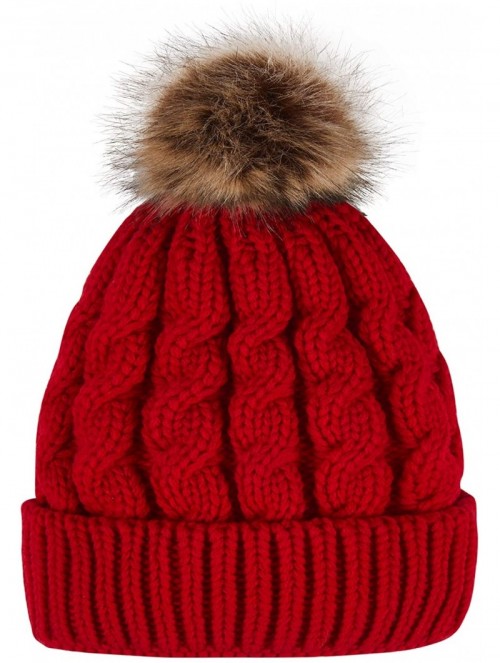 Skullies & Beanies Women's Winter Soft Knitted Beanie Hat with Faux Fur Pom Pom - Burgundy - CZ18M398Z4C $14.98