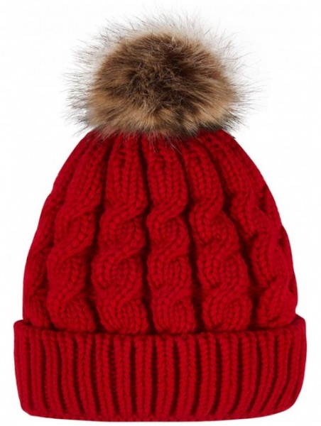 Skullies & Beanies Women's Winter Soft Knitted Beanie Hat with Faux Fur Pom Pom - Burgundy - CZ18M398Z4C $14.98