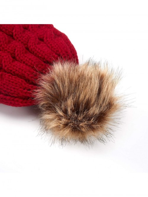 Skullies & Beanies Women's Winter Soft Knitted Beanie Hat with Faux Fur Pom Pom - Burgundy - CZ18M398Z4C $14.98