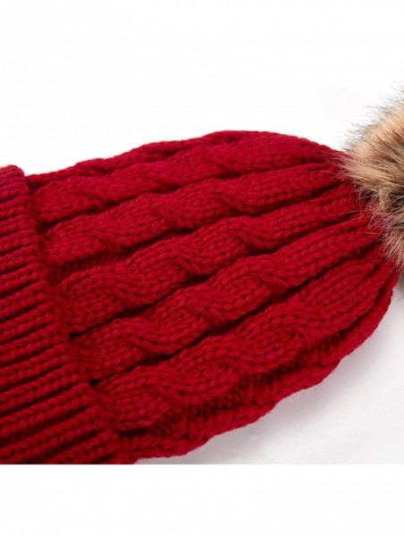 Skullies & Beanies Women's Winter Soft Knitted Beanie Hat with Faux Fur Pom Pom - Burgundy - CZ18M398Z4C $14.98