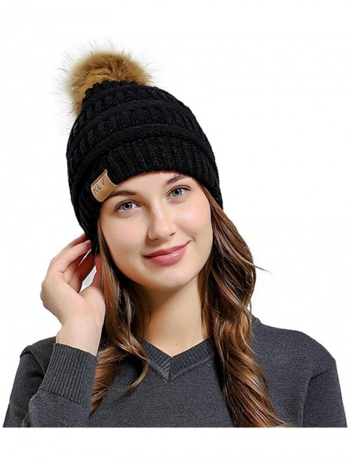 Skullies & Beanies Men Women Winter Warm Knitting Beanie Hat Faux Fur Pom Pom Crochet Ski Caps - Black - CF18GEEQ2Z0 $11.27