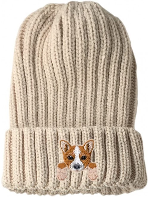 Skullies & Beanies [ Welsh Corgi ] Cute Embroidered Puppy Dog Warm Knit Fleece Winter Beanie Skull Cap - Beige - CT189RW0QN3 ...