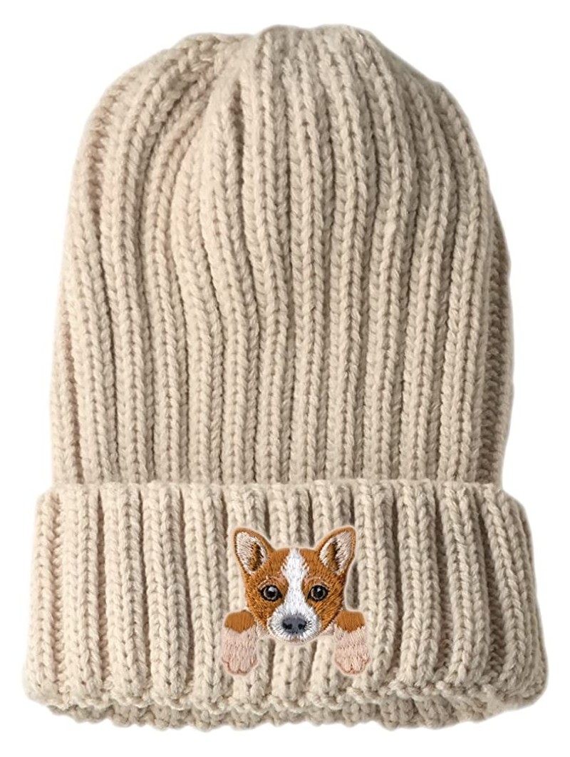 Skullies & Beanies [ Welsh Corgi ] Cute Embroidered Puppy Dog Warm Knit Fleece Winter Beanie Skull Cap - Beige - CT189RW0QN3 ...