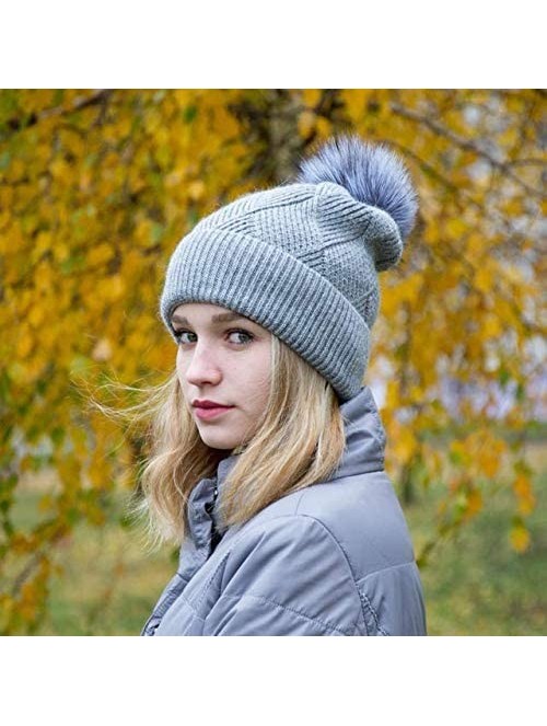 Skullies & Beanies Winter Hats for Women Fur Pom Pom Hats Knitted Cuff Bobble Beanie Warm Wool Ski Cap - CL18L92YNX2 $23.82