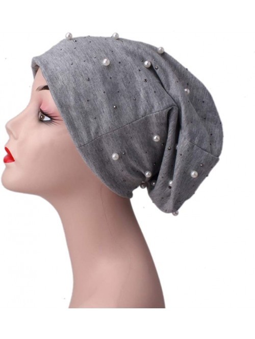 Fedoras Ladies Women Beading Pearl Inlay Ruffle Beanie Scarf Turban Wrap Cap - Khaki - CH18LXY7I35 $13.72