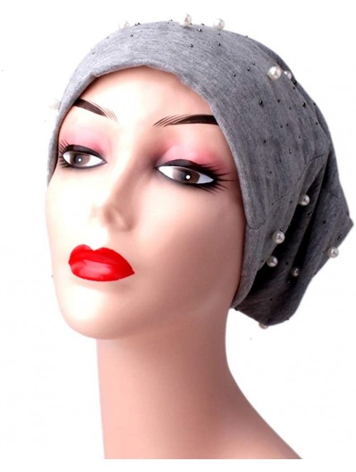 Fedoras Ladies Women Beading Pearl Inlay Ruffle Beanie Scarf Turban Wrap Cap - Khaki - CH18LXY7I35 $13.72