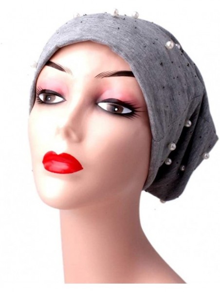 Fedoras Ladies Women Beading Pearl Inlay Ruffle Beanie Scarf Turban Wrap Cap - Khaki - CH18LXY7I35 $13.72