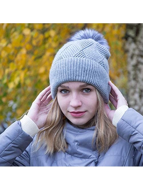 Skullies & Beanies Winter Hats for Women Fur Pom Pom Hats Knitted Cuff Bobble Beanie Warm Wool Ski Cap - CL18L92YNX2 $23.82