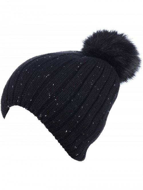 Skullies & Beanies Women's Winter Warm Fleece Lined Rib Knit Faux Fur Pom Beanie Snow Ski Hat - Speckled Black - CQ18M55X9T0 ...