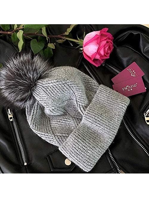 Skullies & Beanies Winter Hats for Women Fur Pom Pom Hats Knitted Cuff Bobble Beanie Warm Wool Ski Cap - CL18L92YNX2 $23.82