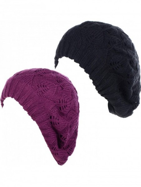 Berets Winter Chic Warm Double Layer Leafy Cutout Crochet Chunky Knit Slouchy Beret Beanie Hat Solid - C618X2K860M $24.80