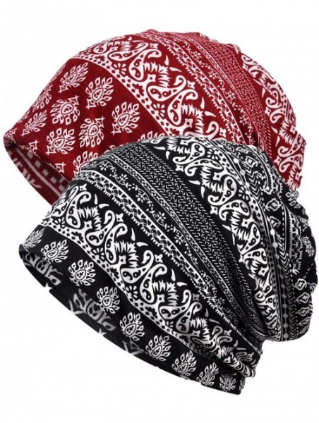 Skullies & Beanies Women's Floral Printed Chemo Cap Hat Slouchy Beanie - 2 Pack-c - CM18H7Z39UR $18.96