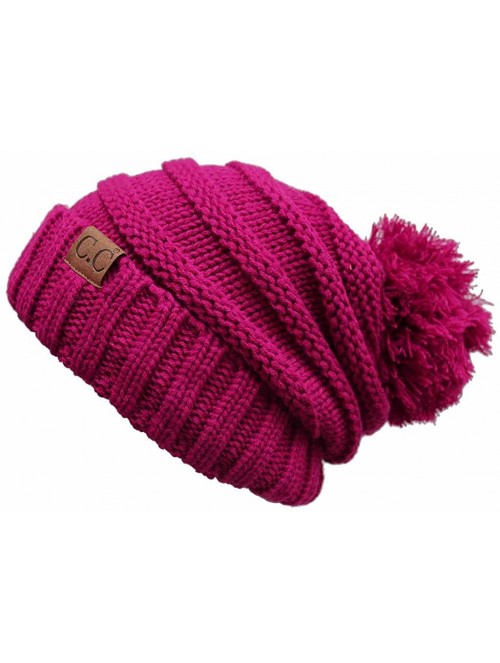 Skullies & Beanies Warm Chunky Soft Oversized Cable Knit Slouchy Beanie with Pom Pom - Hot Pink - C512KBZO0GF $16.40