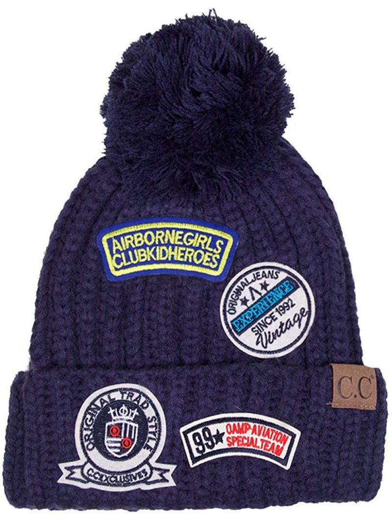 Skullies & Beanies Exclusive Winter Knit Patch Pom Pom Beanie - Navy - CJ12LHF3D1B $19.24